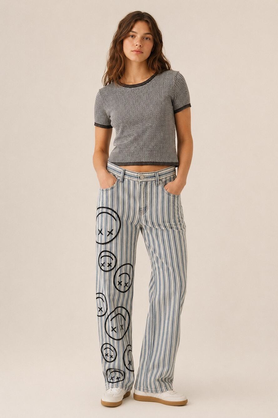 Custom Hand-Painted Smiley Face Striped Jeans AE Size 8 X-Long OOAK